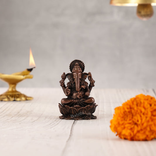 Small Pure Copper Ganapati on Lotus Idol | 2.5"