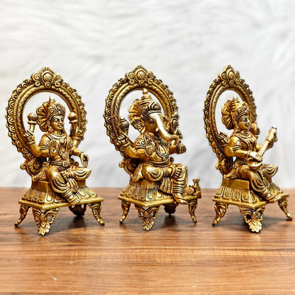 Brass Superfine Ganesh Lakshmi Saraswati idols 9.5"