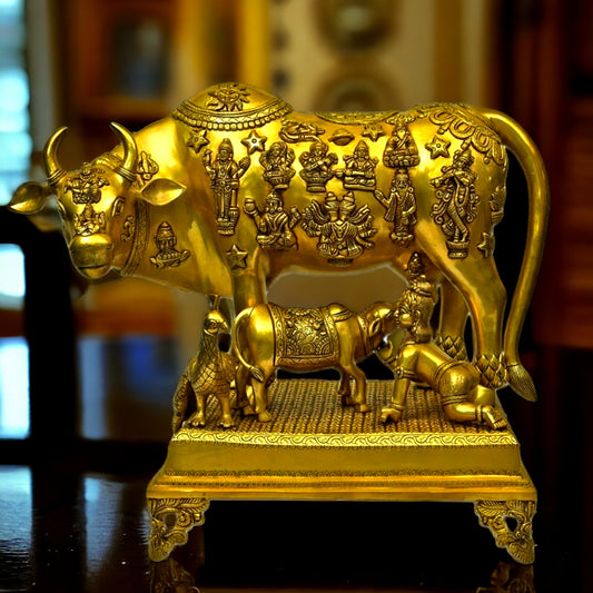 Brass Handcrafted Large Cow with Calf Engraved with Hindu Deities 20"