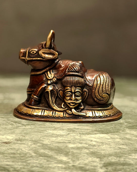 Pure Brass Nandi Idol with Shiv Gauri engraved 6"