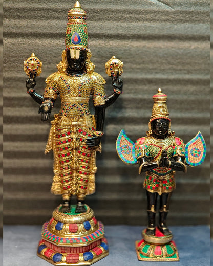 Brass Tirupati Balaji with Garuda Statue shiny Black and Golden Finish