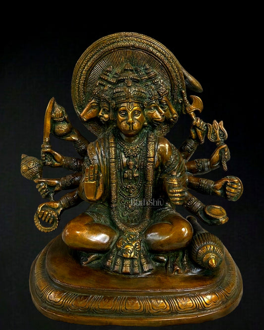 9.5-Inch Pure Brass Panchmukhi Hanuman Statue with Crossed Legs