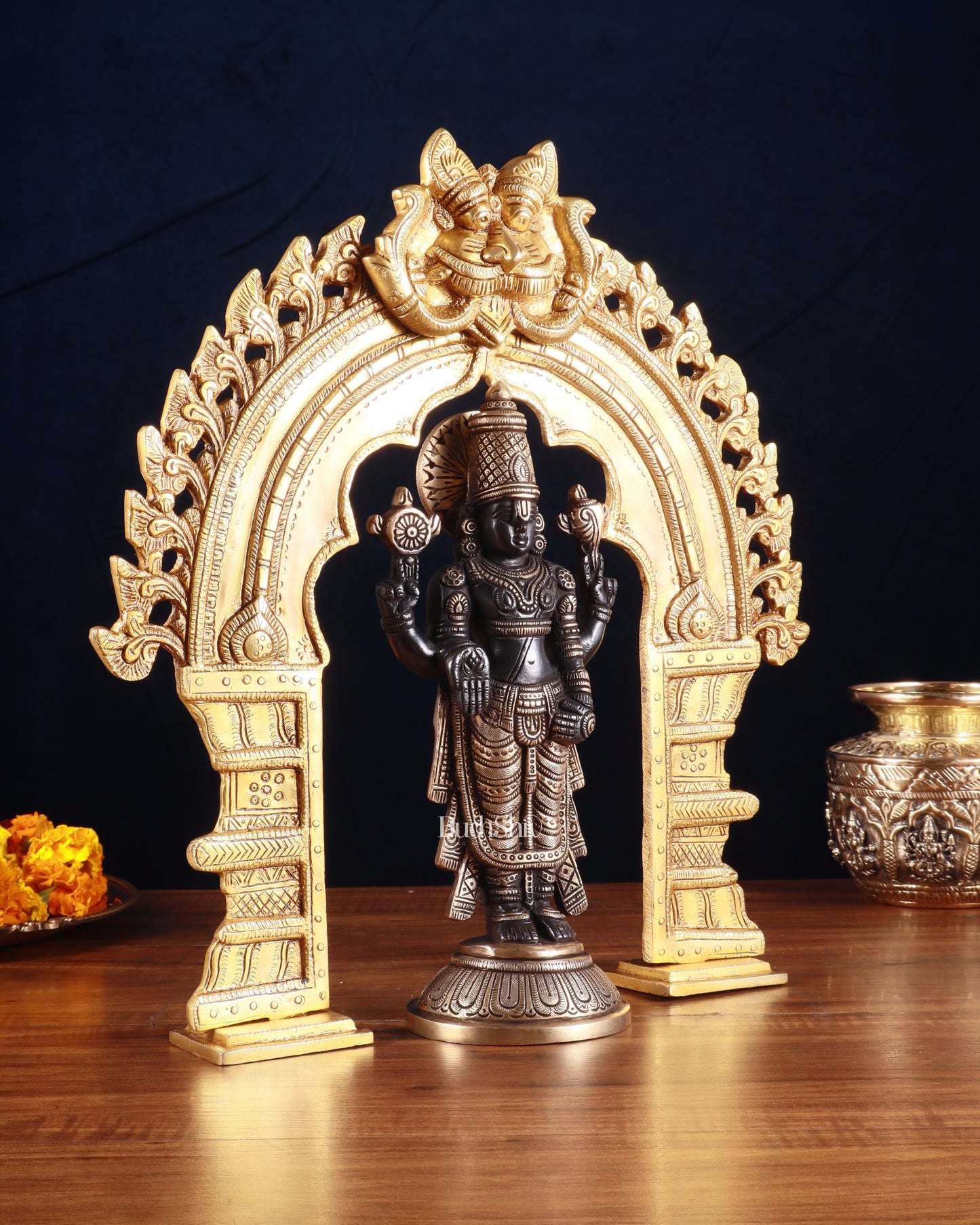 Exquisite Brass Black Tirupati Balaji Idol with Prabhavali arch Set 17"