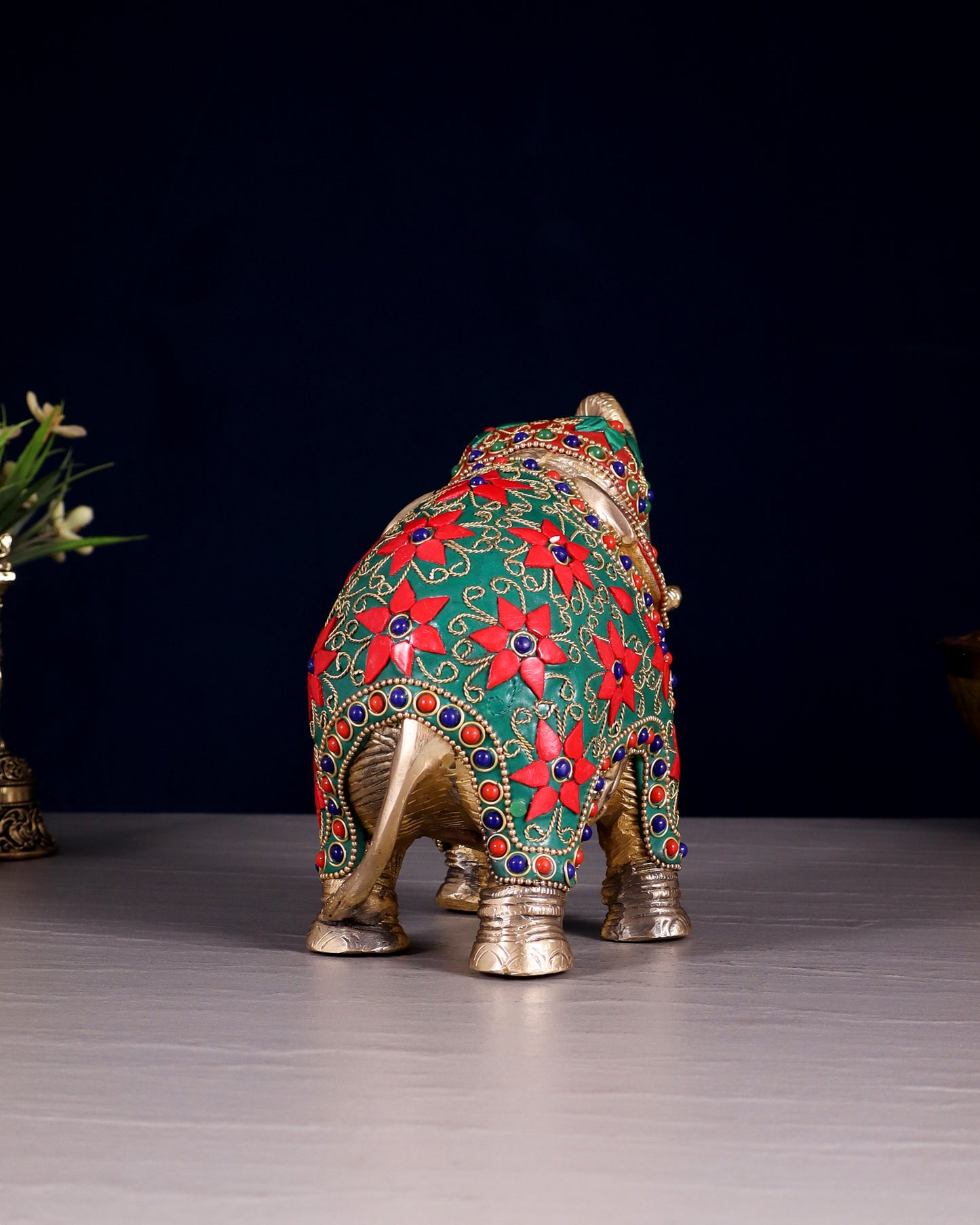 Brass Elephant Statue with Floral Stonework 7"