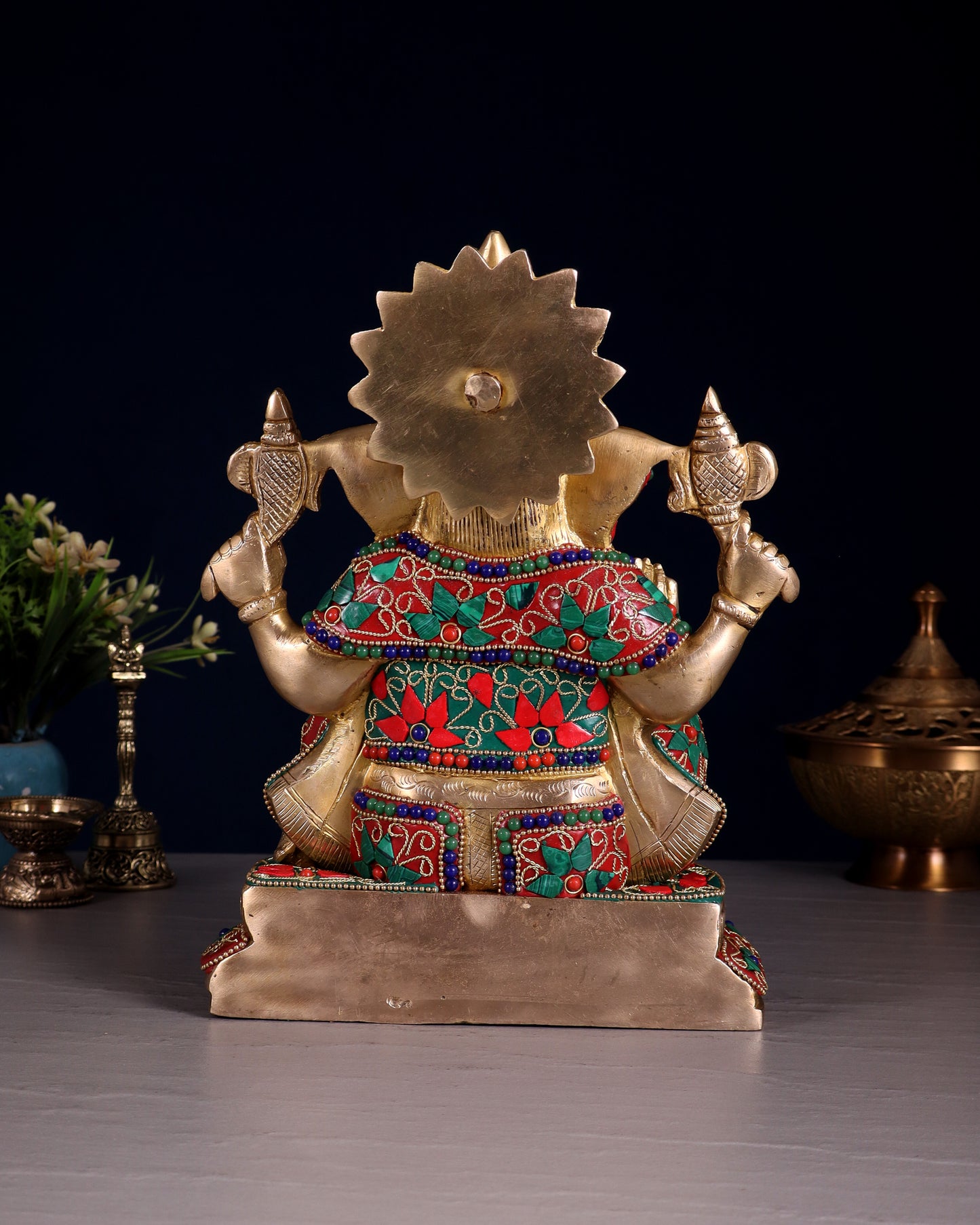 Brass Ganesha Idol with Floral Stonework 10"