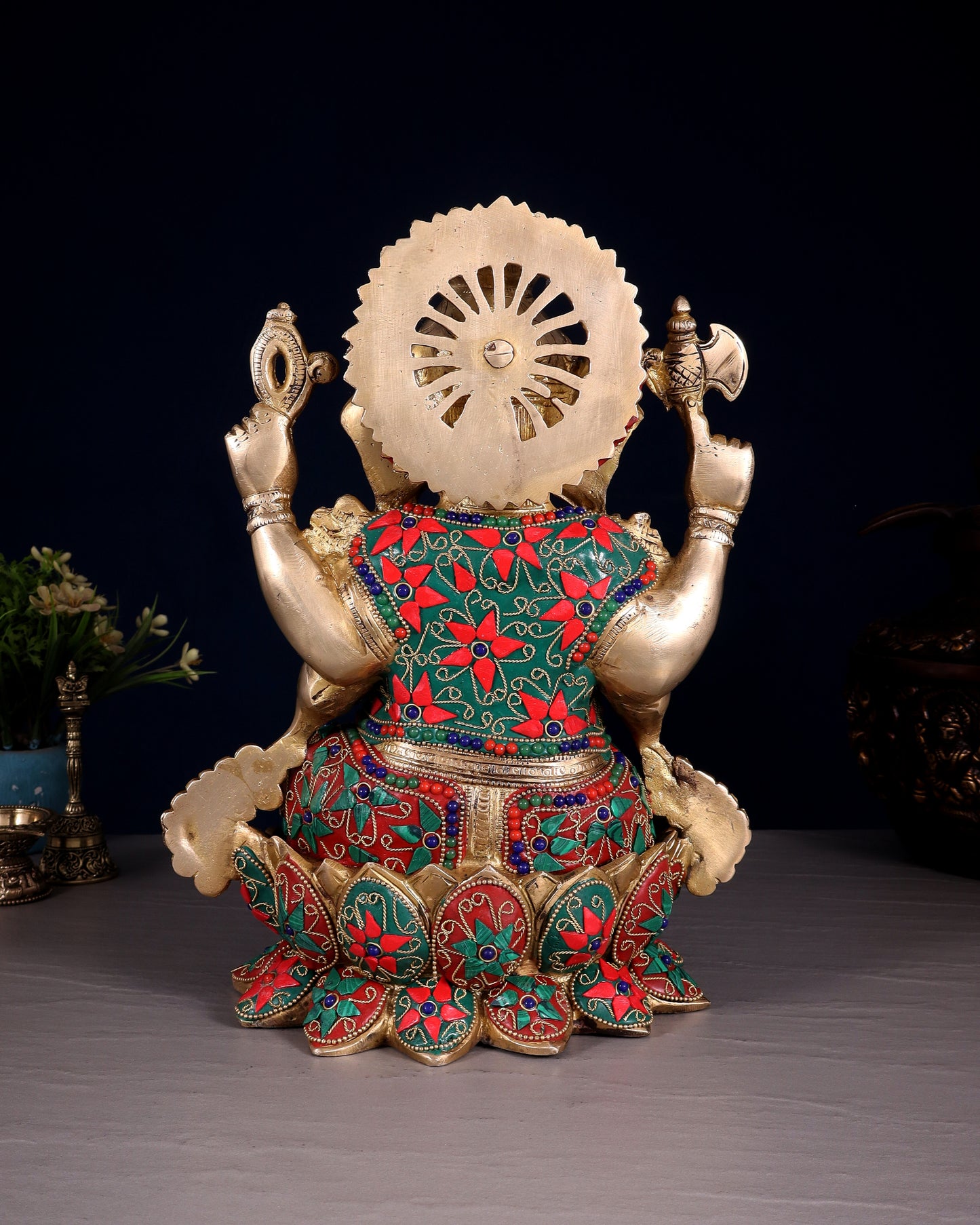 Brass Ganesha Statue on Lotus floral stonework - 12"