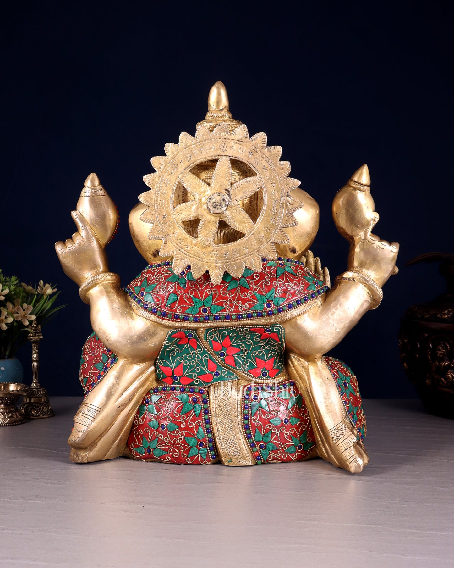 Brass ganesha Chubby Idol floral stonework 13 inch
