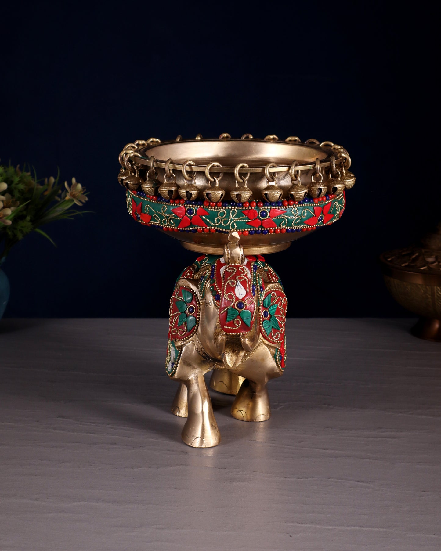 Engraved Elephant brass urli floral stonework 7"