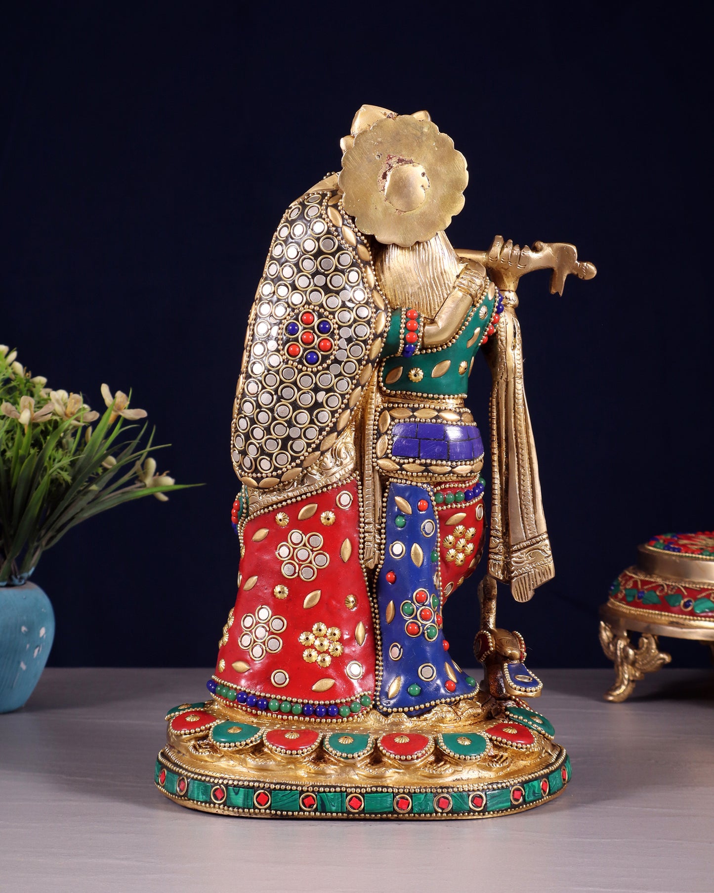 Pure Brass Radha Krishna Idol with Meenakari Stonework 10.5"