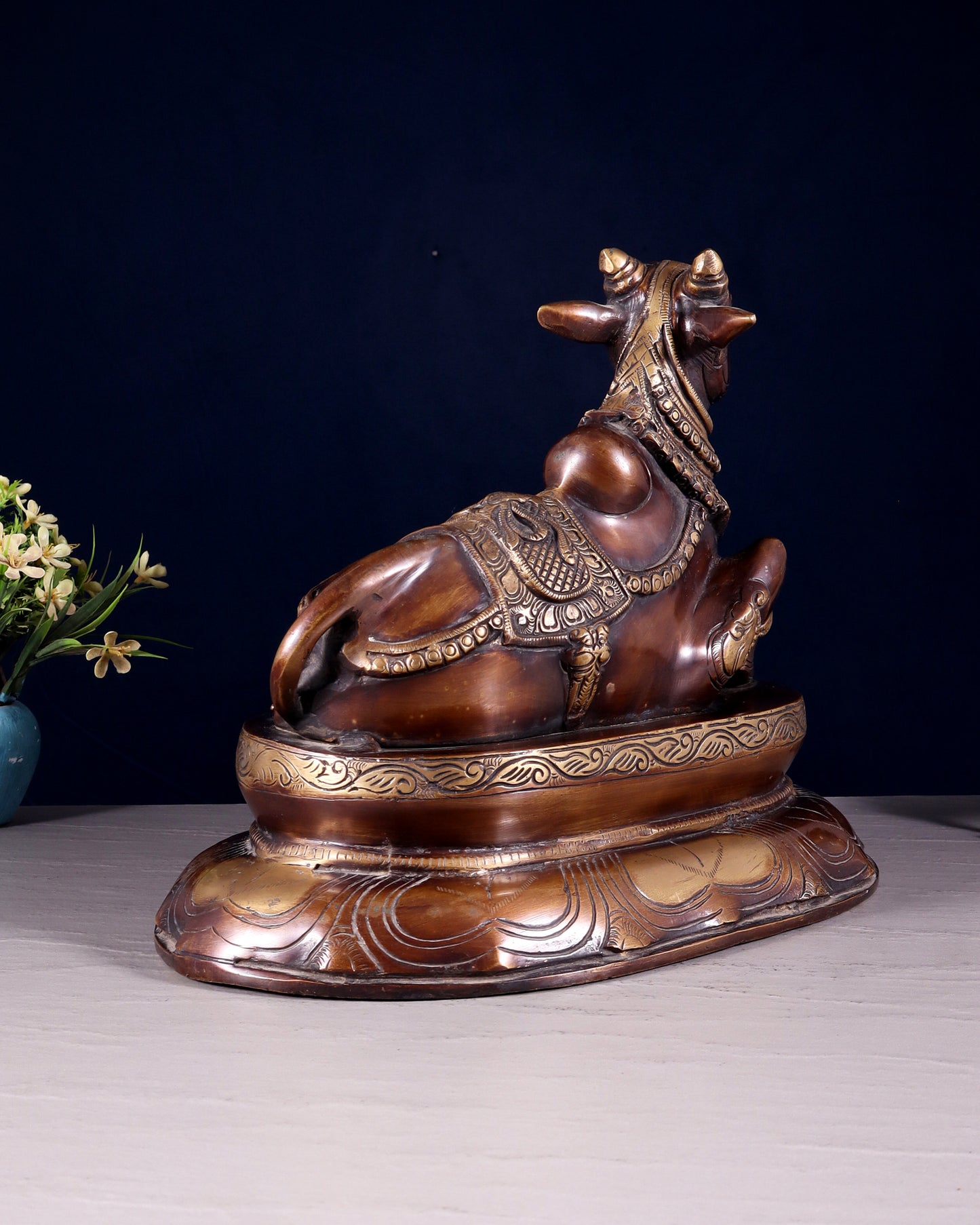 Pure Brass Nandi Idol on Engraved Base - 10-Inch