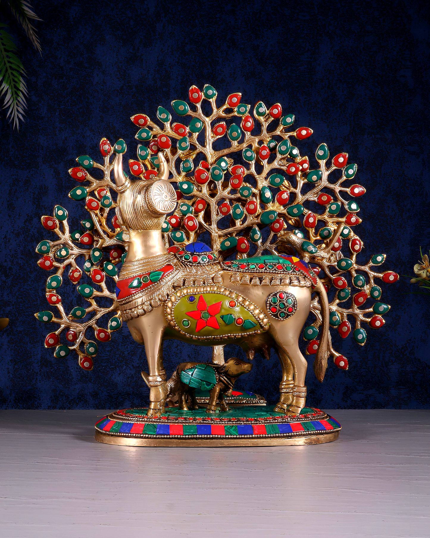 Divine Kamdhenu Cow with Calf and Kalpavriksha Tree – Brass Idol with Meenakari Work 11"