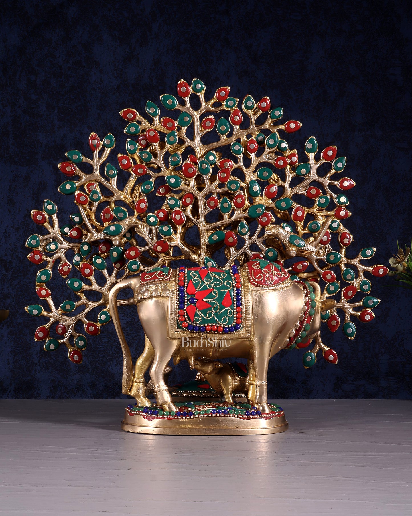 Brass Kamdhenu Cow with Calf & Kalpavriksha Tree of Life Combo – Meenakari Stonework 11"