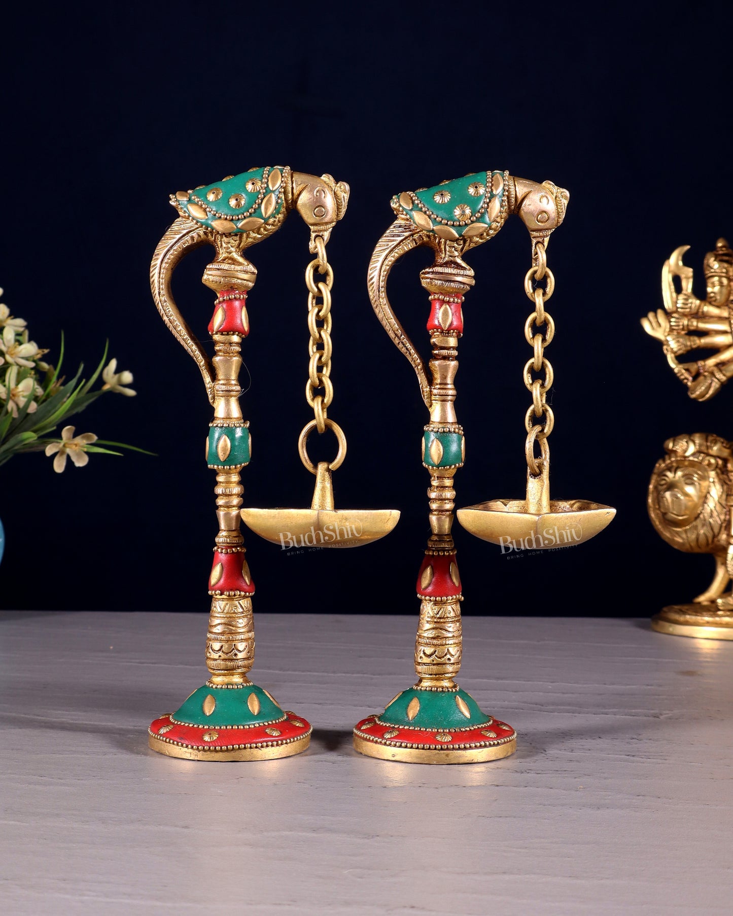 Brass Parrot lamps with stonework 7"