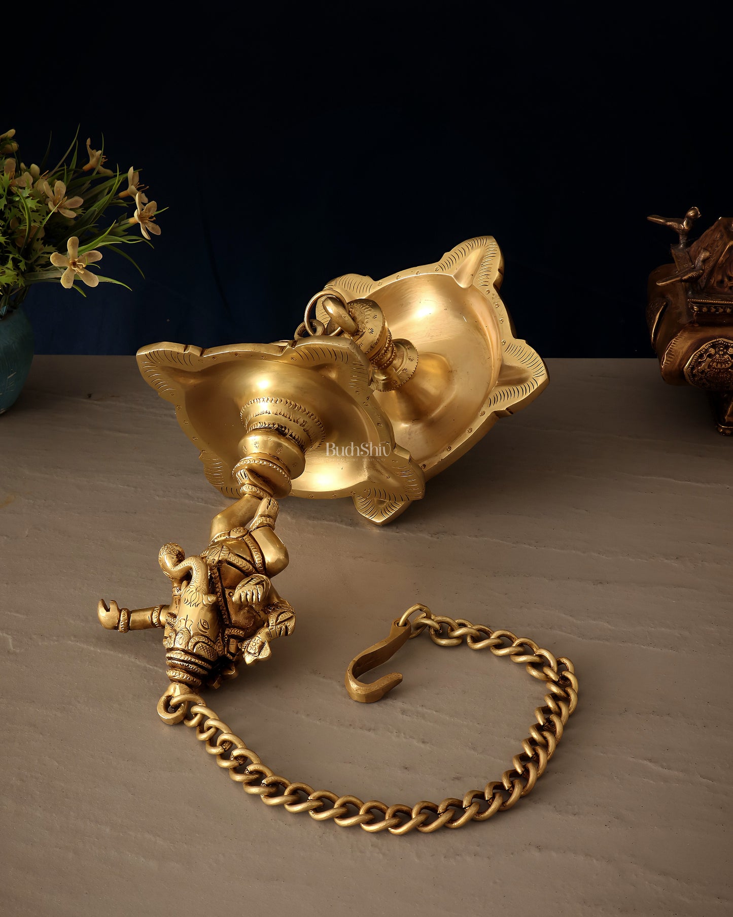 Brass Dancing Ganesha Hanging Lamp – Dual Design Elegance 28"