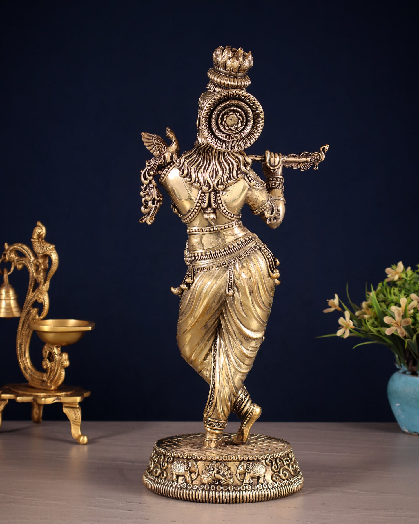 Pure Brass Intricate Lord Krishna Idol – Enhanced Carvings 13.5"
