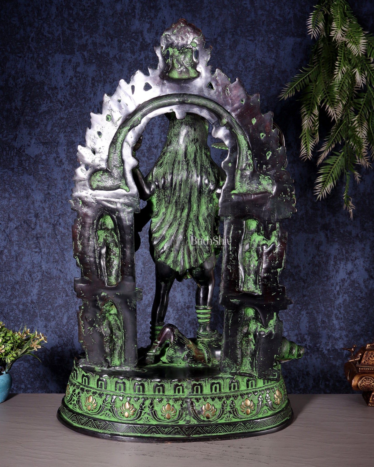 Brass Kali Mata with Temple Arch – Dashabhuja Form (Black-Green Tone) 28"
