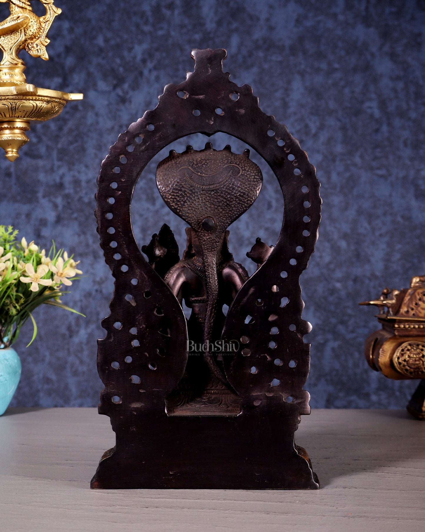 Pure Brass Vishnu Lakshmi Idol Seated with Sheshanaaga - 10" Divine Black and gold