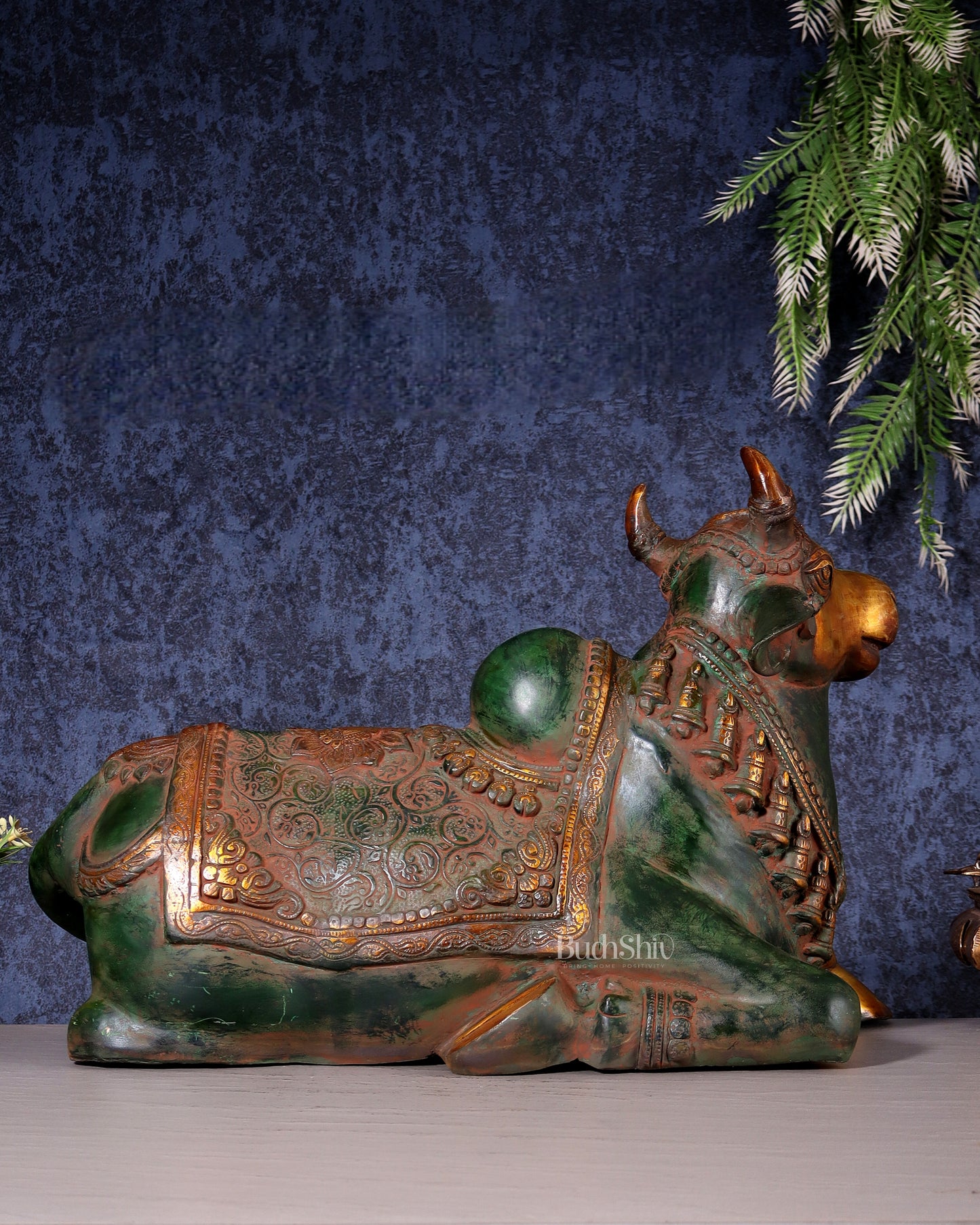 Exquisite Handcrafted Brass Nandi Idol – Vintage Green & Red Patina 21"