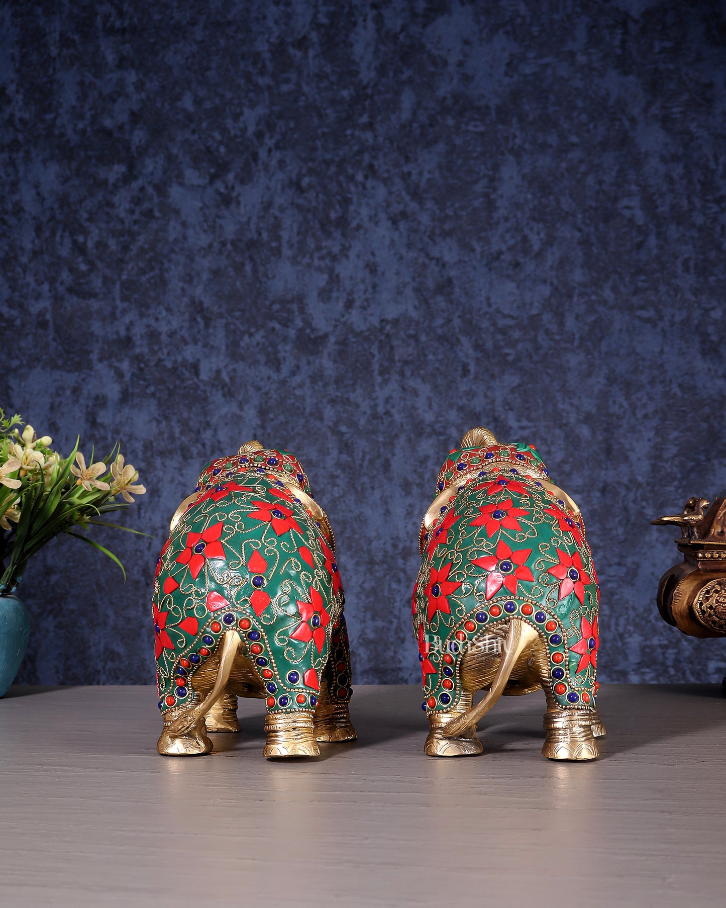 Brass Elephant Statue with Floral Stonework 7" pair
