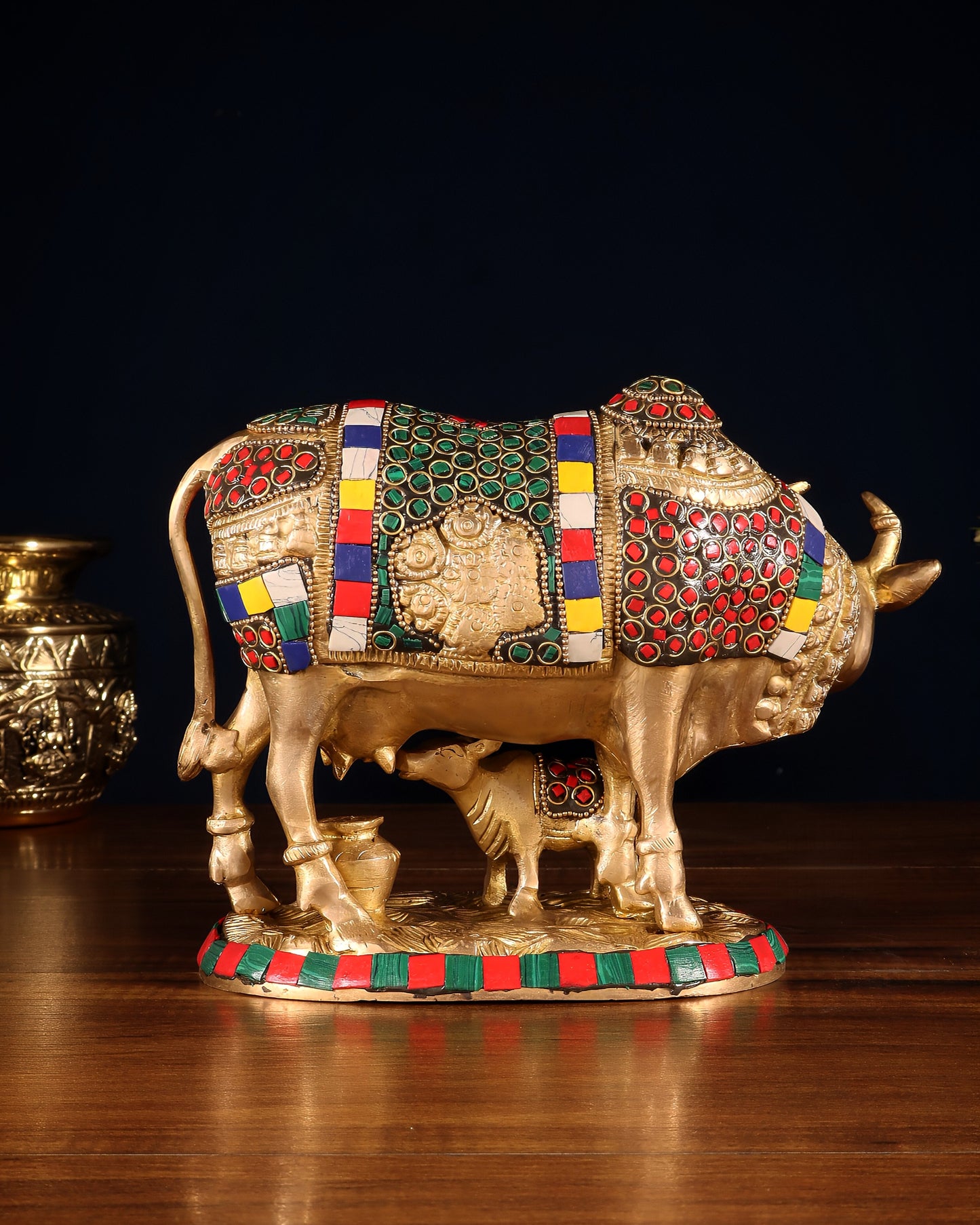 Handcrafted Brass Cow and Calf Statue with Carvings 8.5"