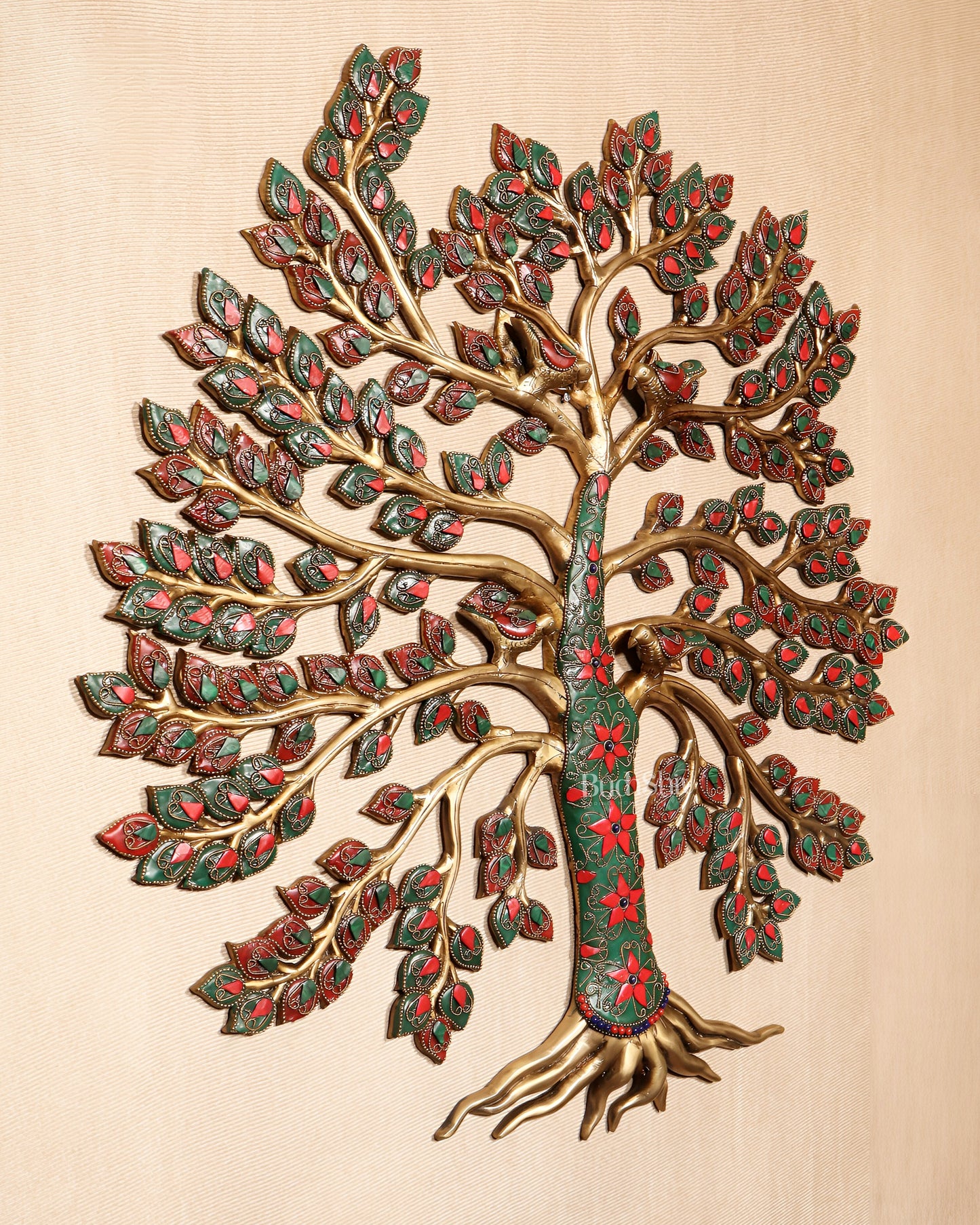 Brass Kalpavriksha Tree of Life Wall Hanging with Birds & Stonework – 23" x 22"