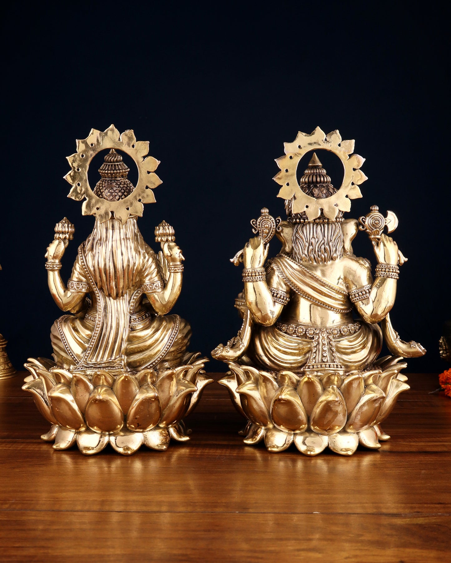 Pure Brass Intricate Ganesha & Lakshmi on Lotus Statues – 12"