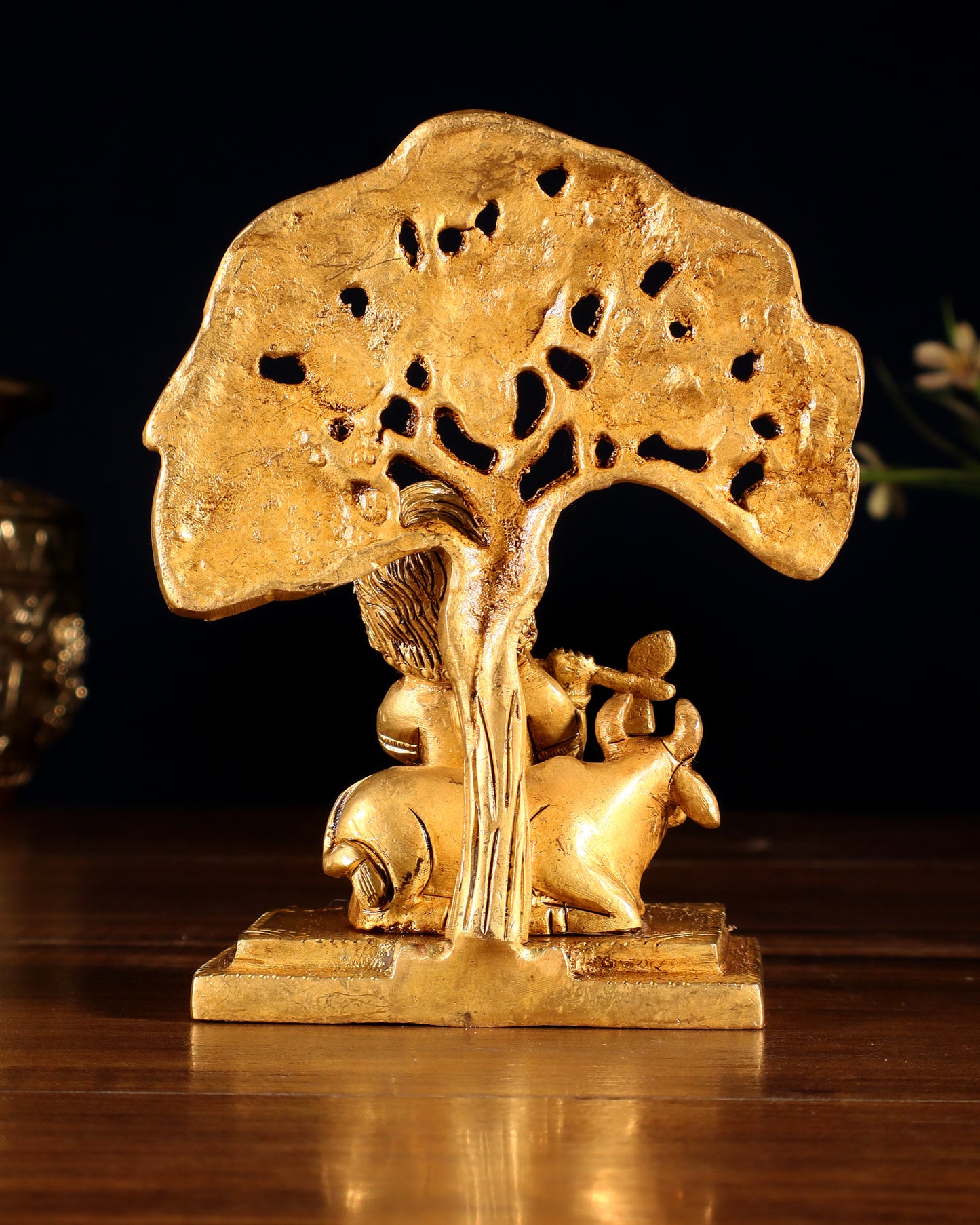 Pure Brass Baby Krishna with Cow under Kalpavriksha Tree – 5.5"