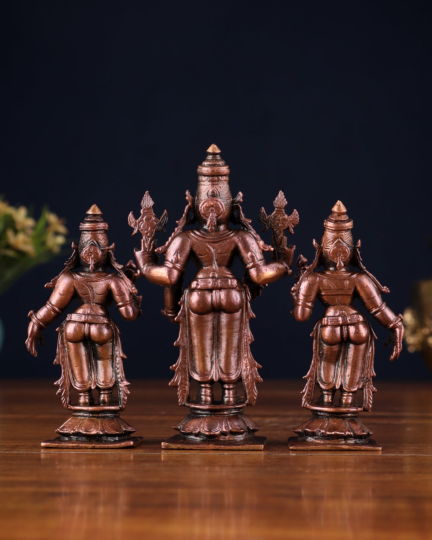 Pure Copper Tirupati Balaji Kalyana Murti Set – Vishnu with Bhudevi & Sridevi 4"