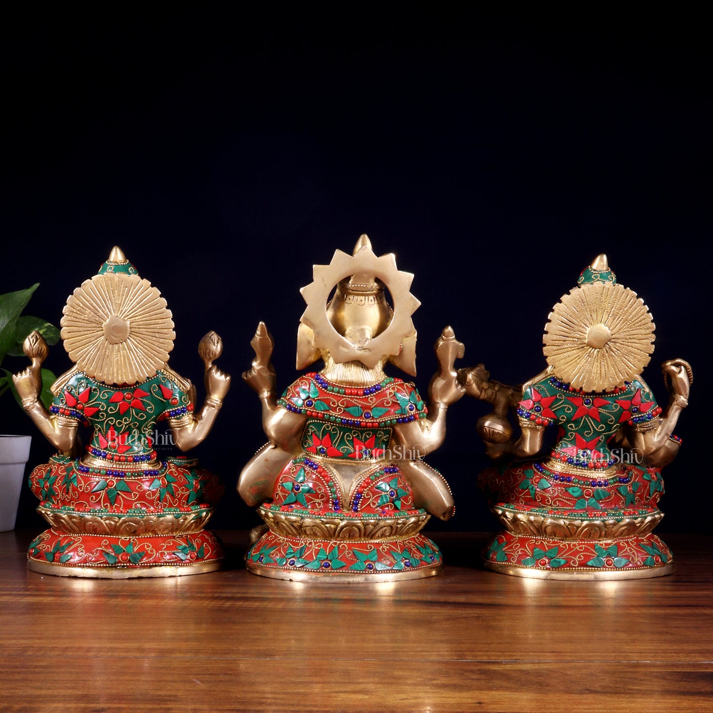 Pure Brass Ganesh Lakshmi Saraswati Idol Set – Intricate Floral Stonework 9.5 inch