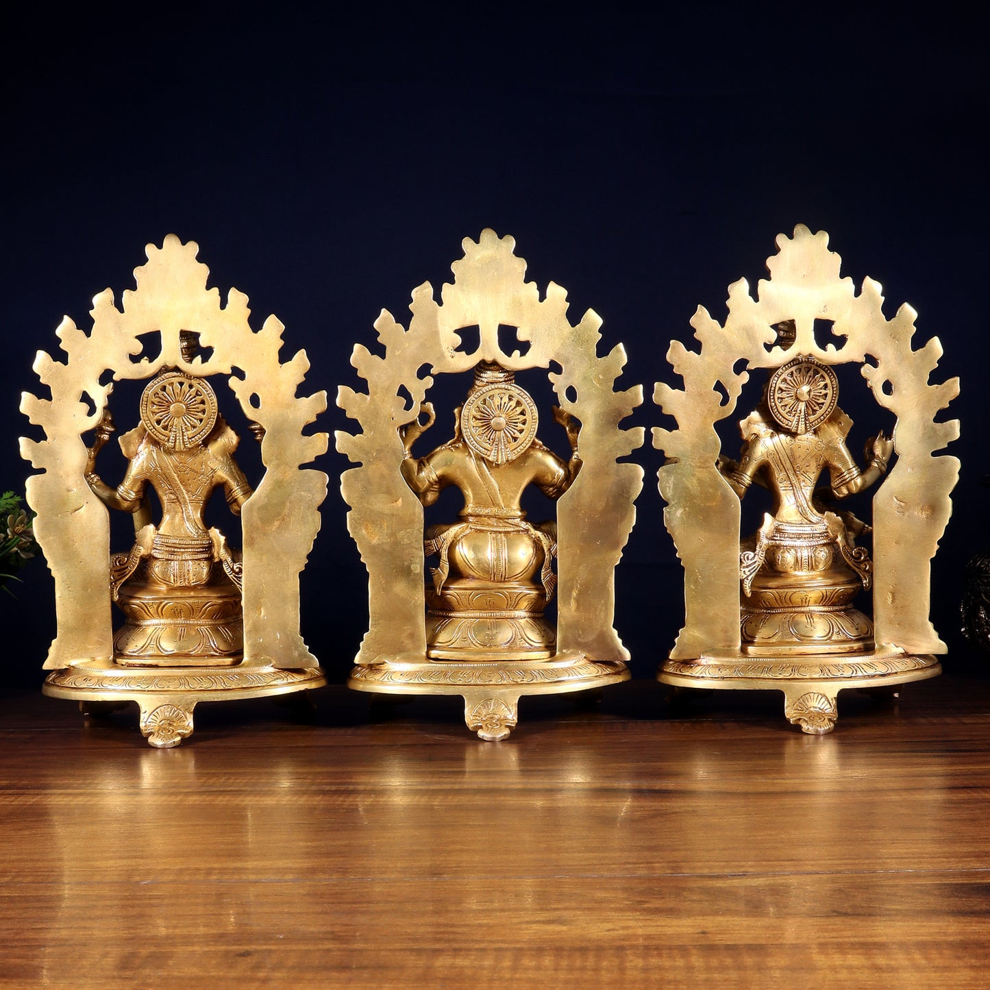 Pure Brass Ganesh, Lakshmi, Saraswati with Prabhavali Idols 12"