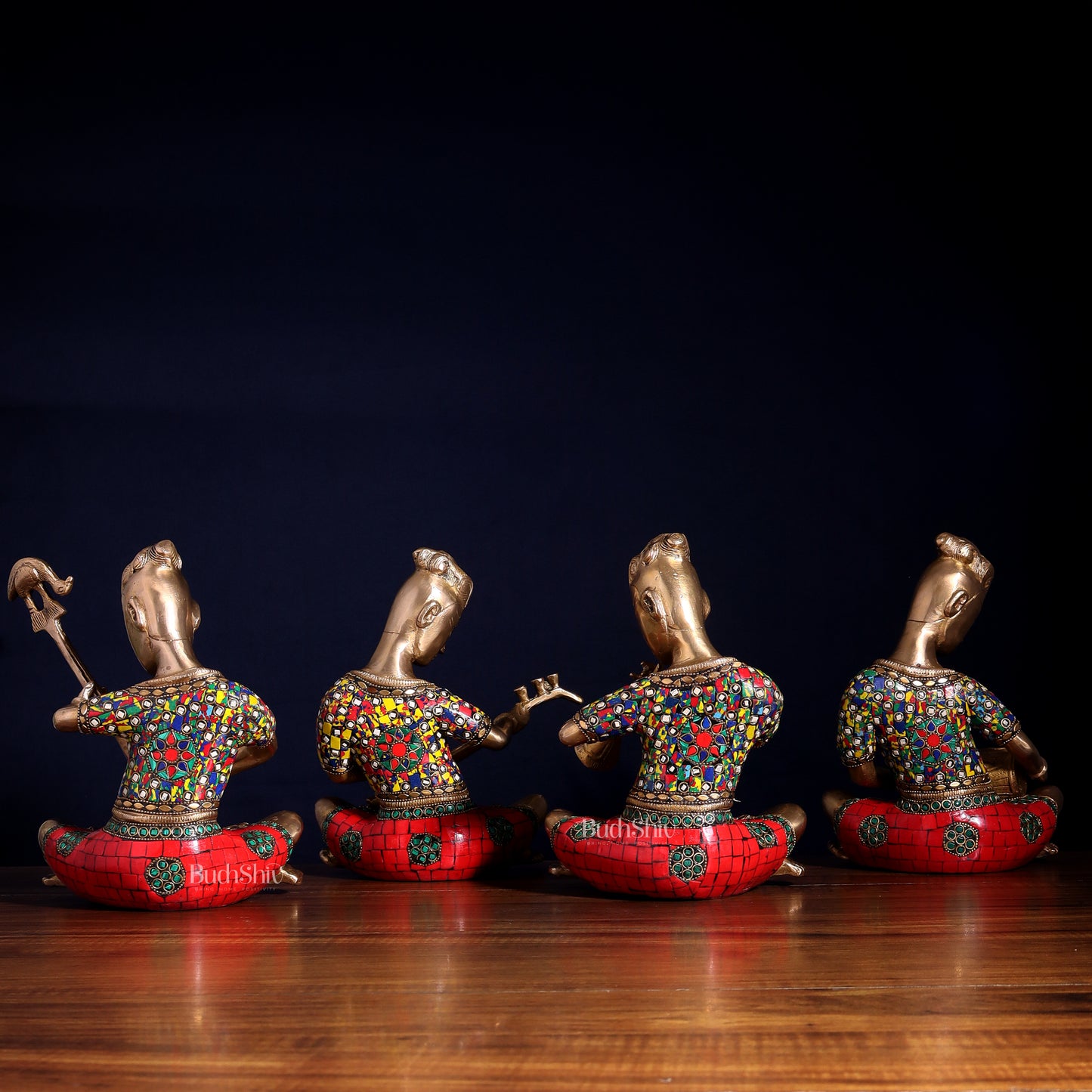 Brass Tribal Musicians Set with abstract Stonework | Height: 9 inch