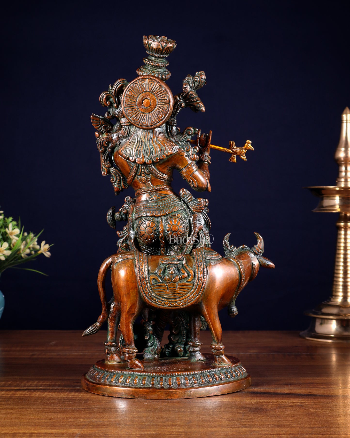 Pure Brass Lord Krishna with Cow Statue – Double Chola Tone 13 inch