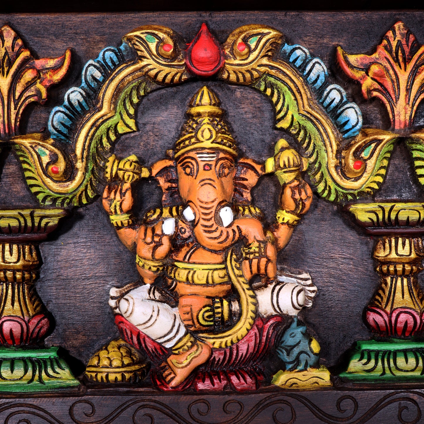 Hand-Painted Wooden Ganesha Lakshmi Saraswati Horizontal Wall Hanging – 24 Inch