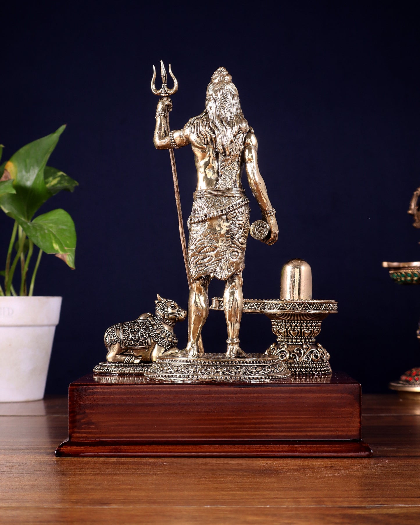 Brass Superfine Standing Lord Shiva with Nandi & Shivling – Wooden Base (9.5 Inch)
