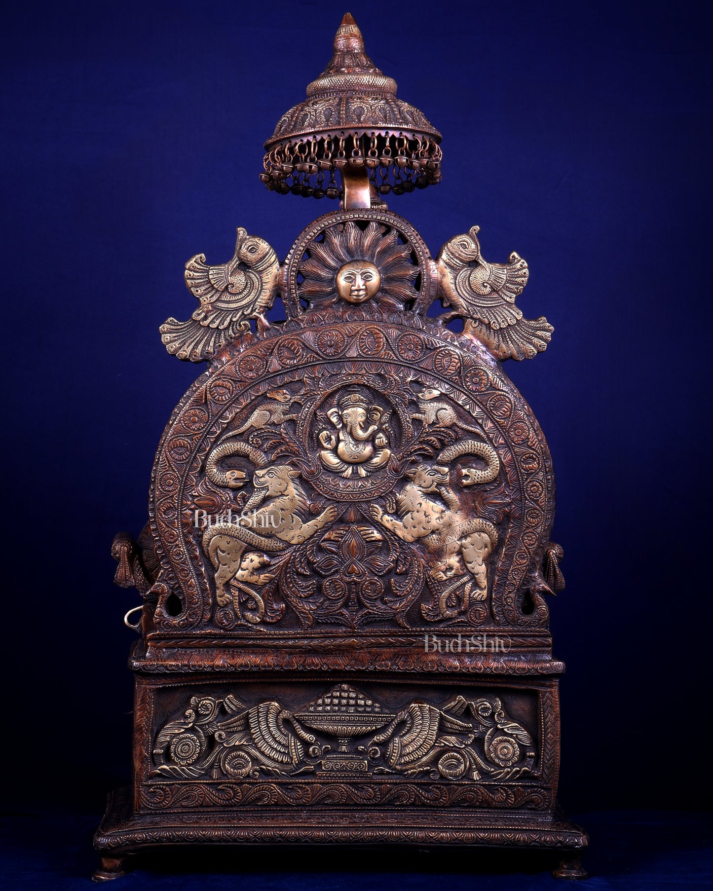 Large Superfine Brass Ganesha Seated on Throne with Gaja Lakshmi Carved Base 34 inch
