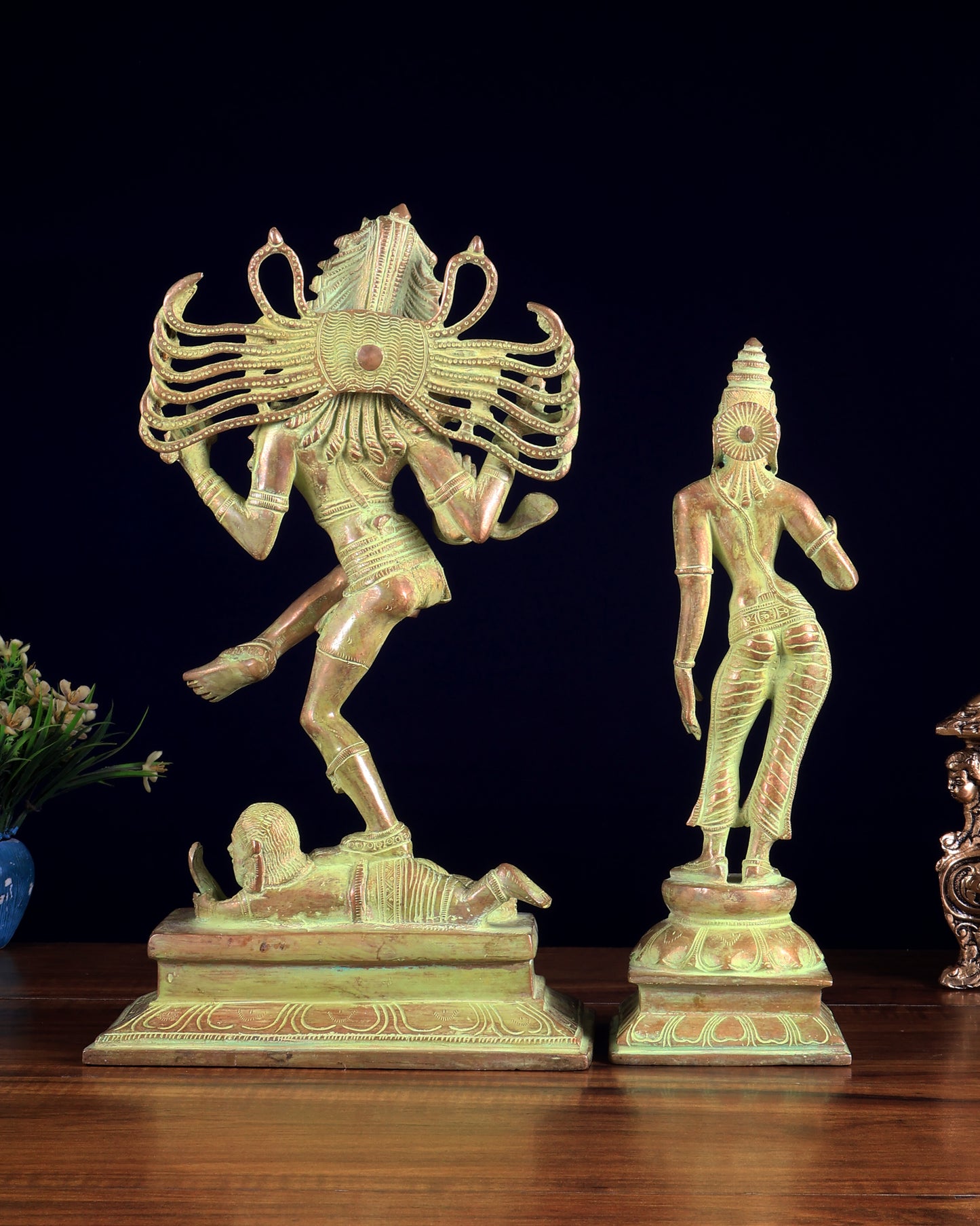 Vintage Brass Dancing Shiva Nataraja with Sivagami Parvati Idol – Green Sand Patina Finish 14 inch