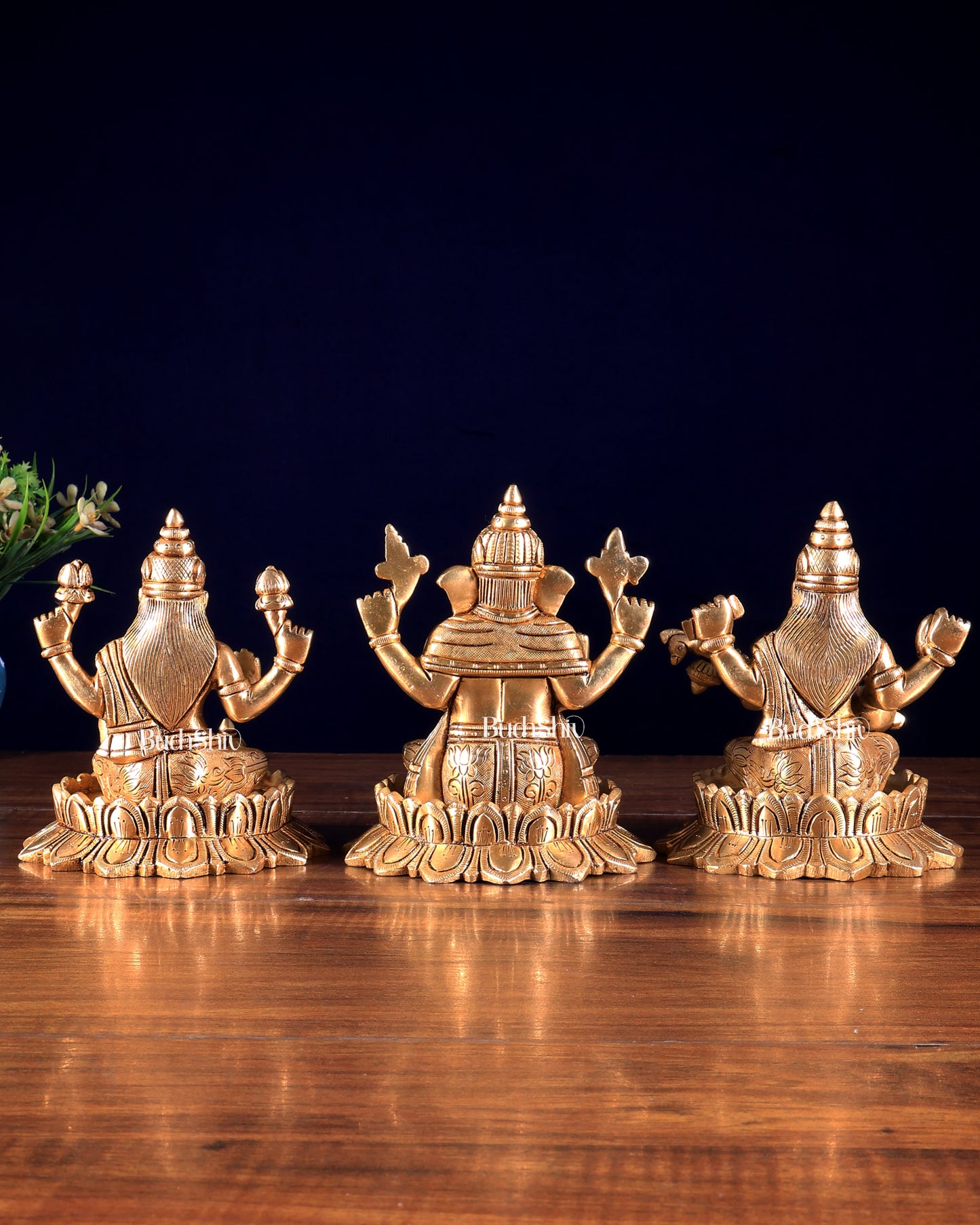 Solid Brass Ganesh Lakshmi Saraswati on Lotus Idols – Perfect for Pooja Rooms 6 inch