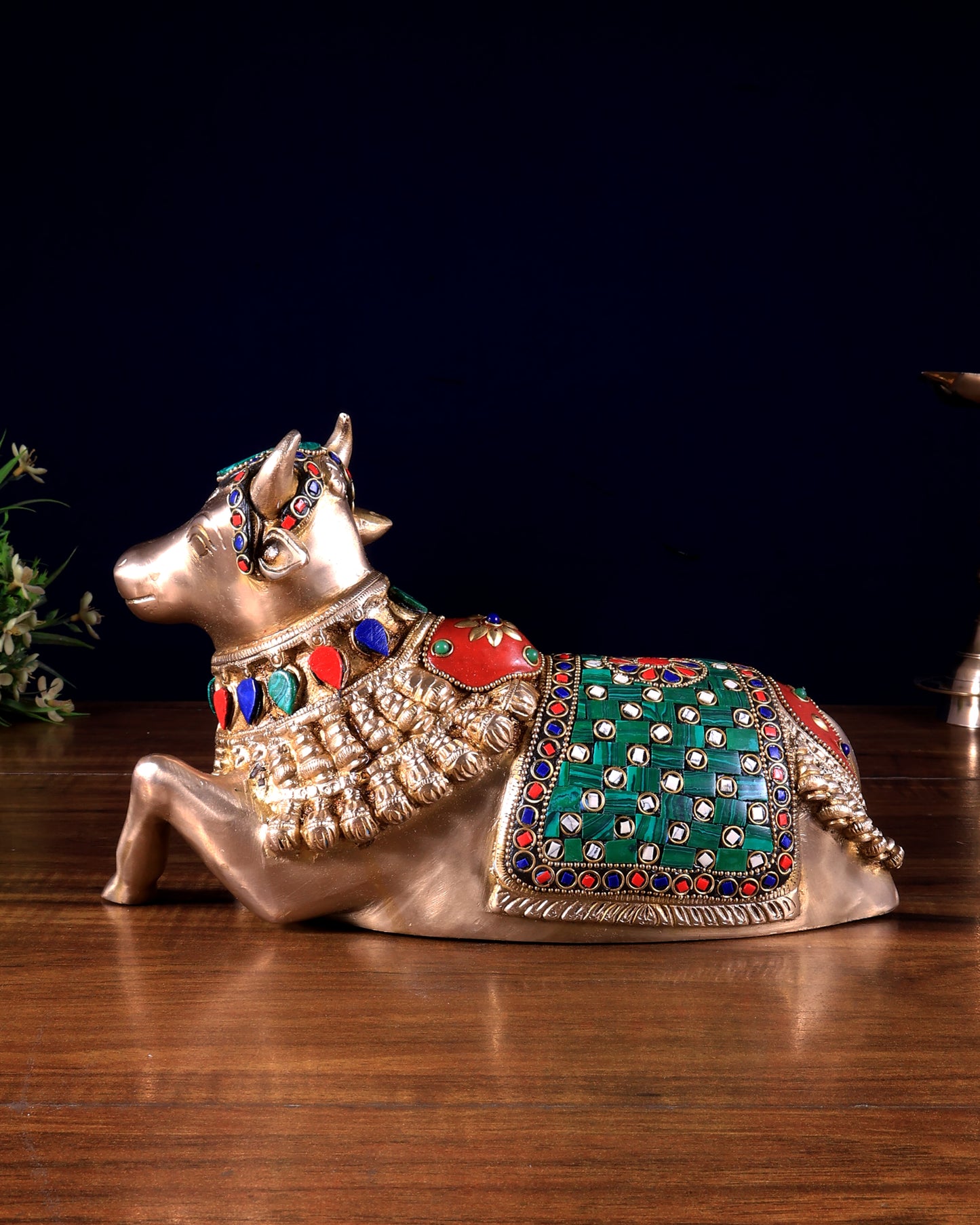 Pure Brass Engraved Nandi Statue – 10" stonework