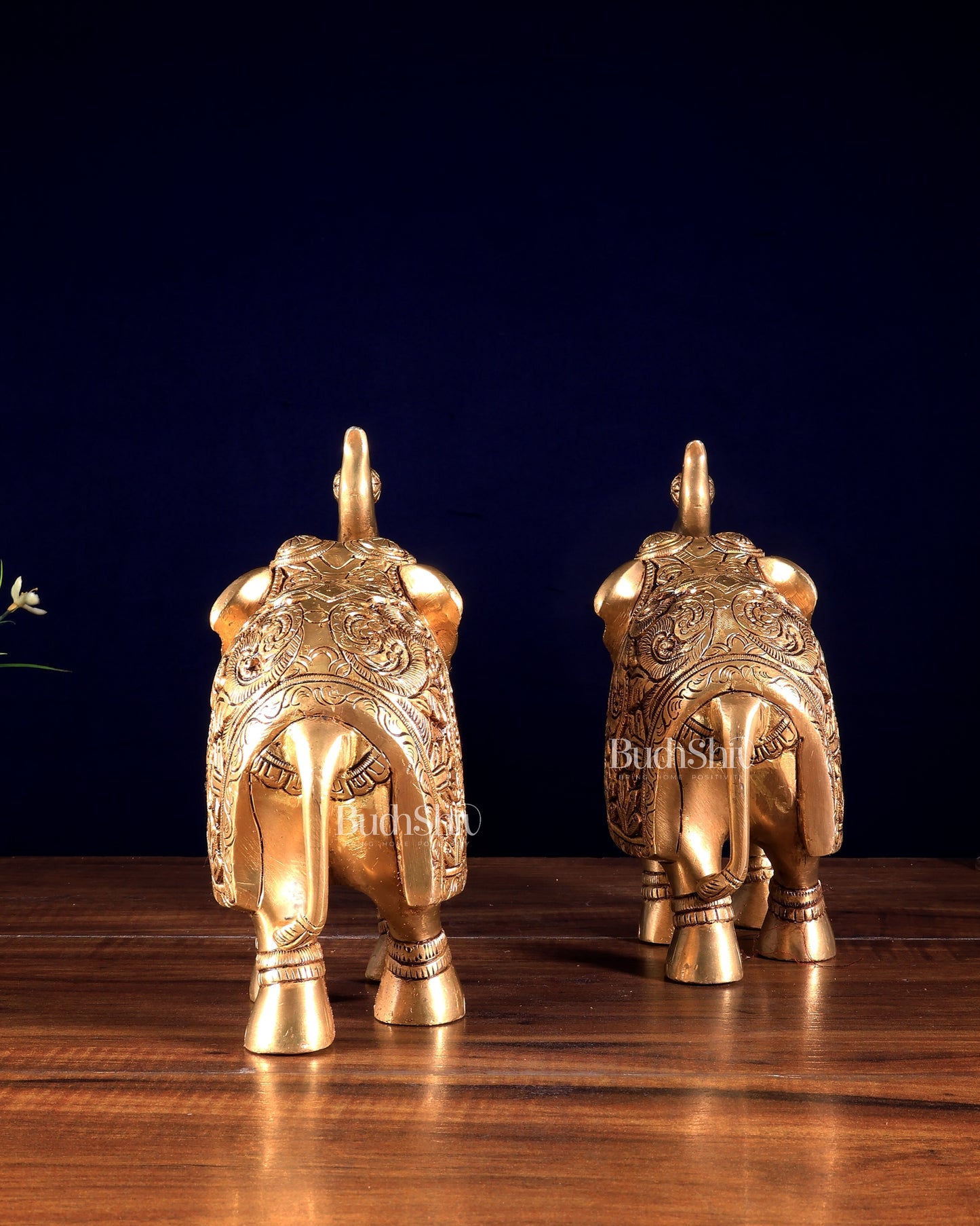 Brass Engraved elephant Statue table accent 7" pair
