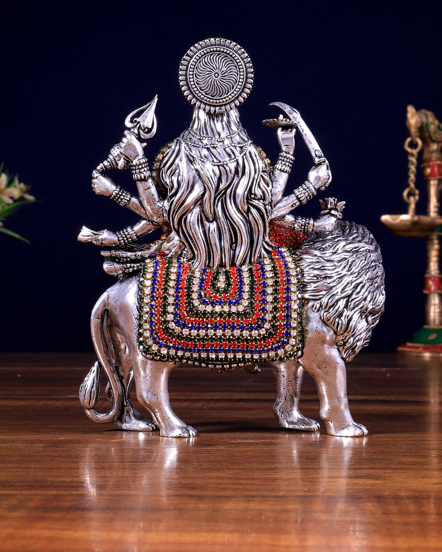 Brass Goddess Durga (Ambe Mata) Idol on Lion silver plated Jewellers Meenakari
