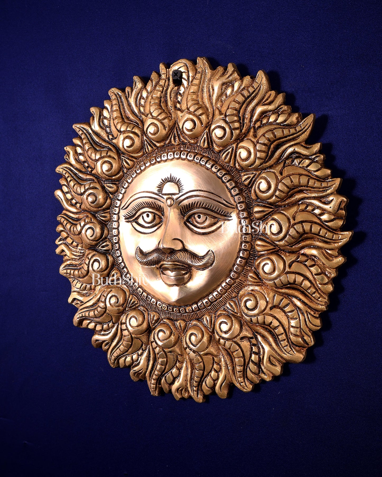 Superfine Brass Surya dev with moustache wall hanging 11"