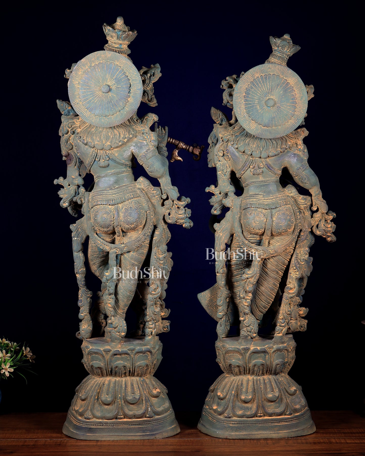 Pure Brass Radha Krishna Statue with Vintage Rustic Green Patina Finish 30 inch