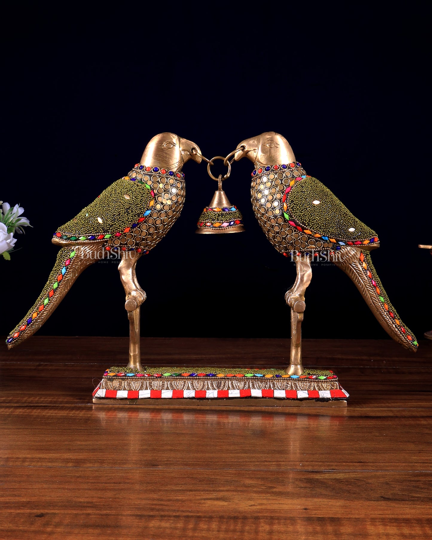 Pure Brass Twin Parrot Decorative Vastu Showpiece with Meenakari Stonework 14.5 inch wide