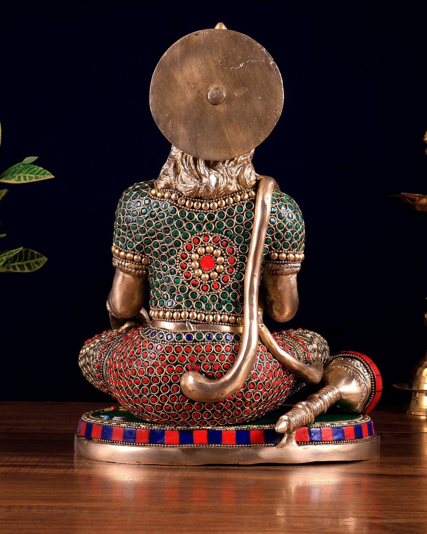 Brass Lord Hanuman in Blessing Mudra – Meenakari & Natural Stones | Divine Seated Idol 12.5 inch