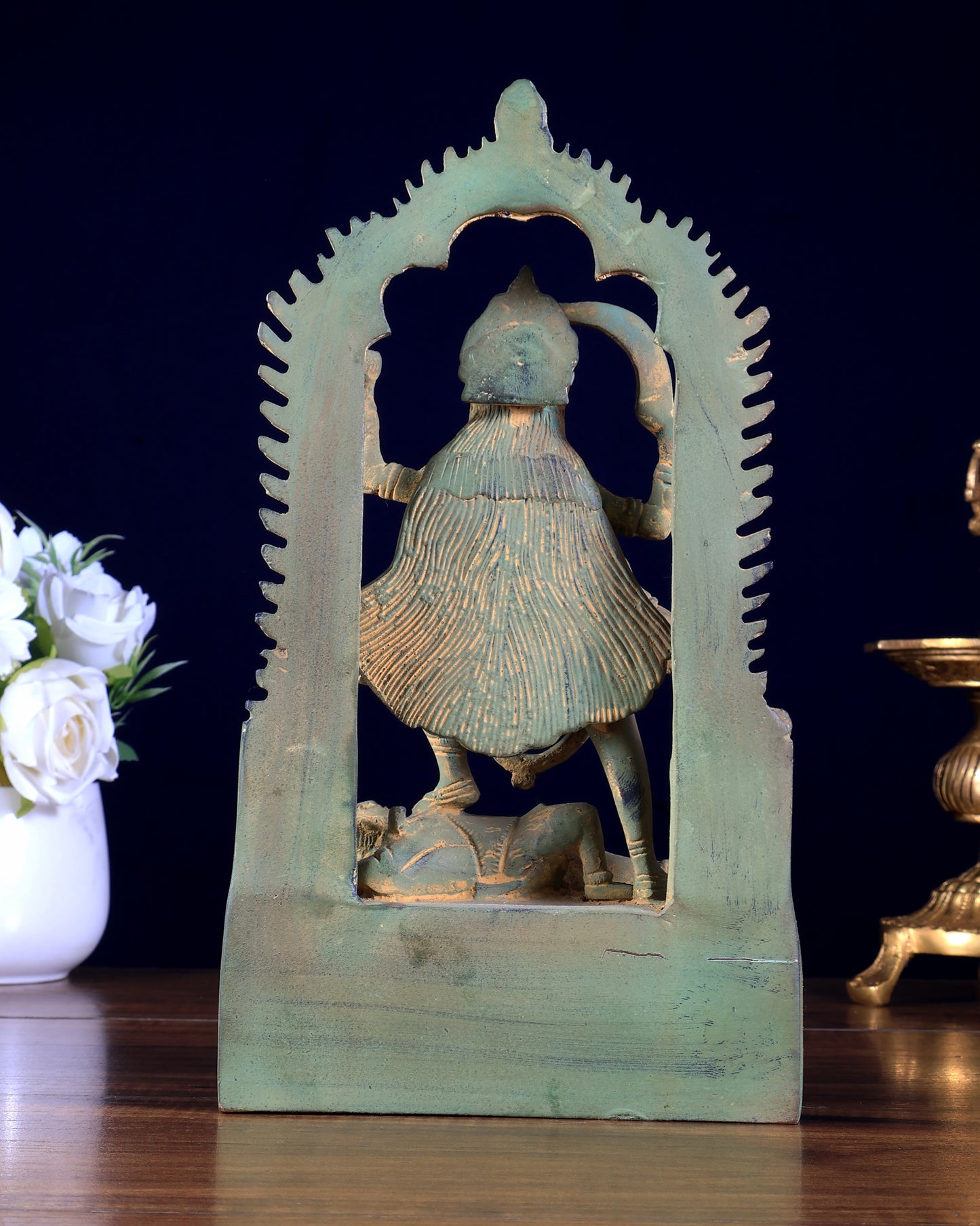 Brass Kali statue with Prabhavali 10" green sand patina