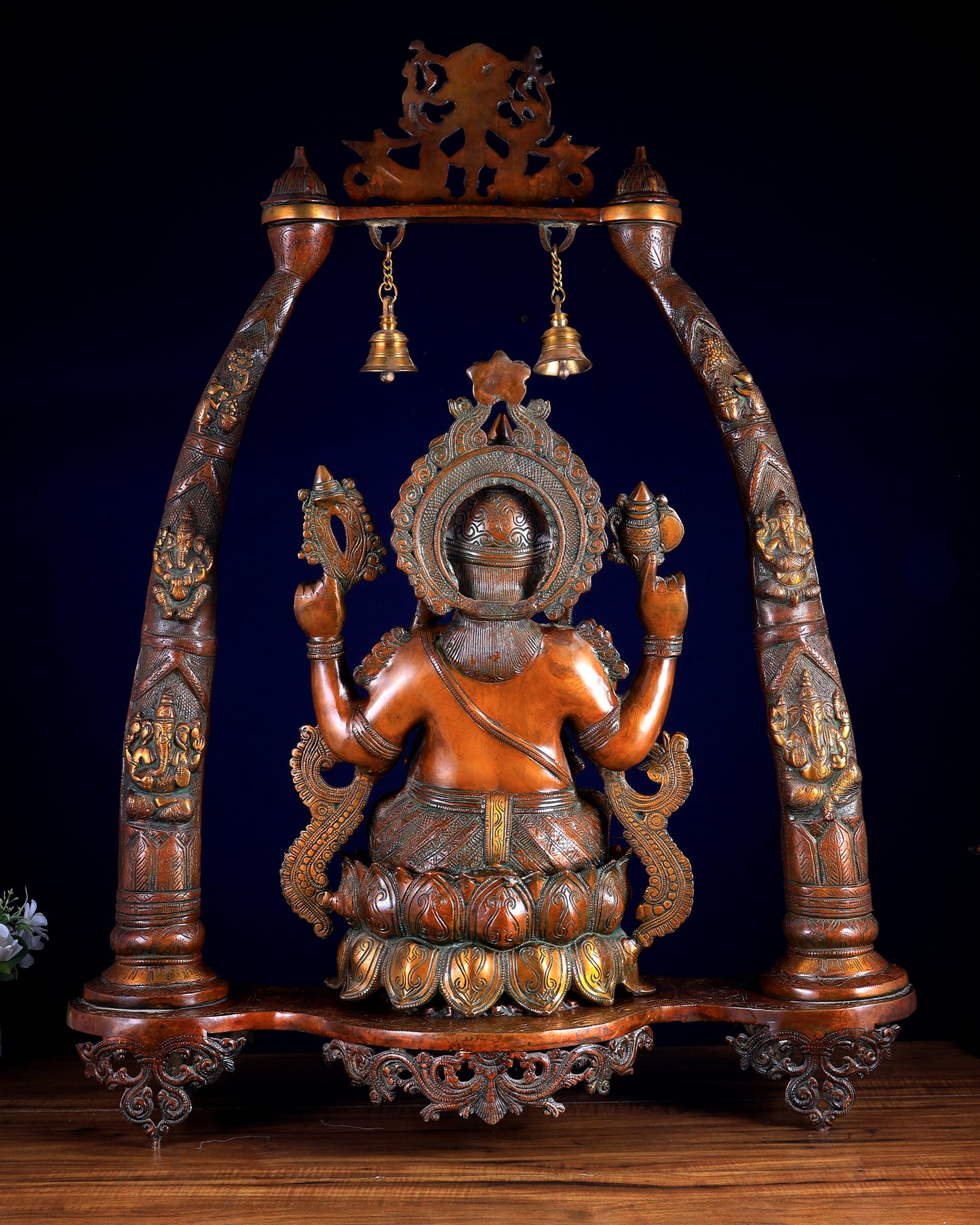 Brass Lord Ganesha Sculpture with Engraved temple Pillars - 35 Inch