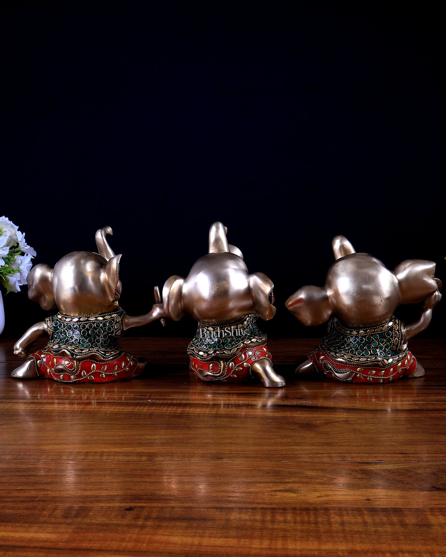 Pure Brass Musical Baby Elephants Set | 7 Inch Stonework