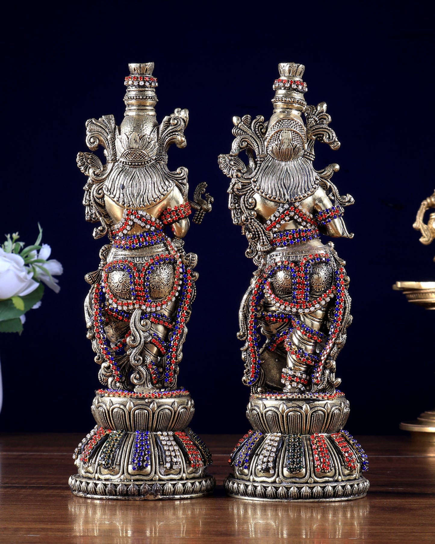 Pure Brass Superfine Radha Krishna Idols with Jewellery work 11" Tall