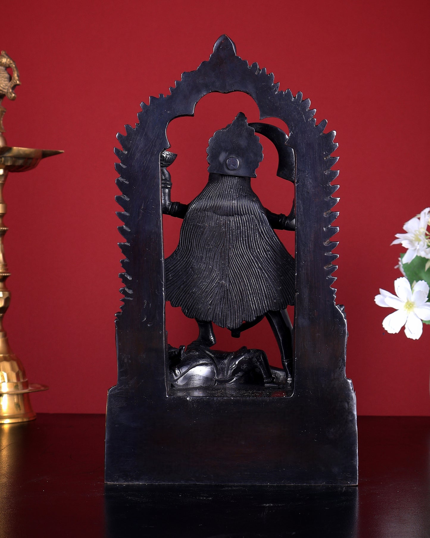 Pure Brass Kali Statue with Shiva & Skull Garland | 10.5 Inch Arch Idol black edition