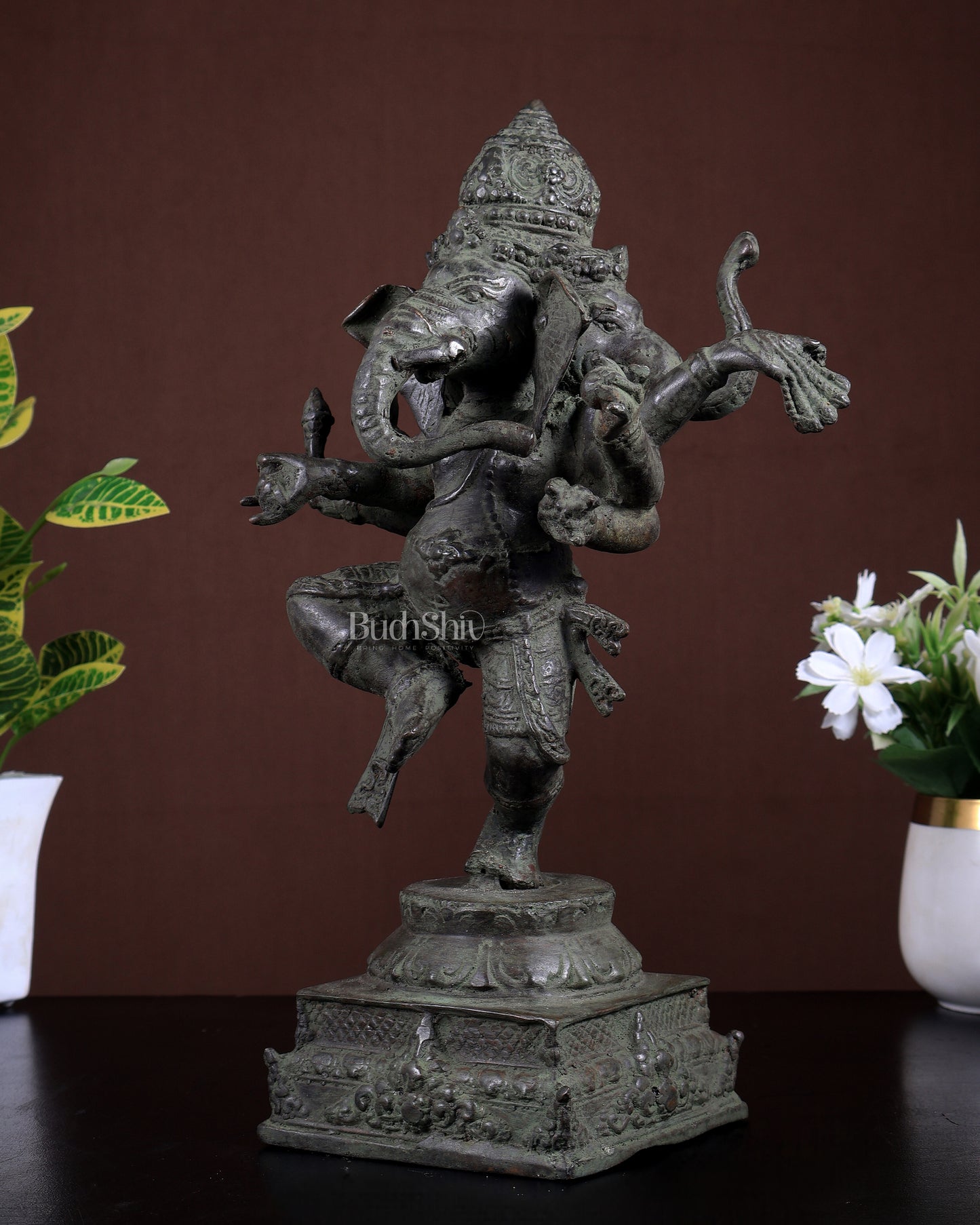 Bronze Dancing Ganesha Statue – Three-Faced (Trimukhi) Indonesian Depiction 12.5 inch